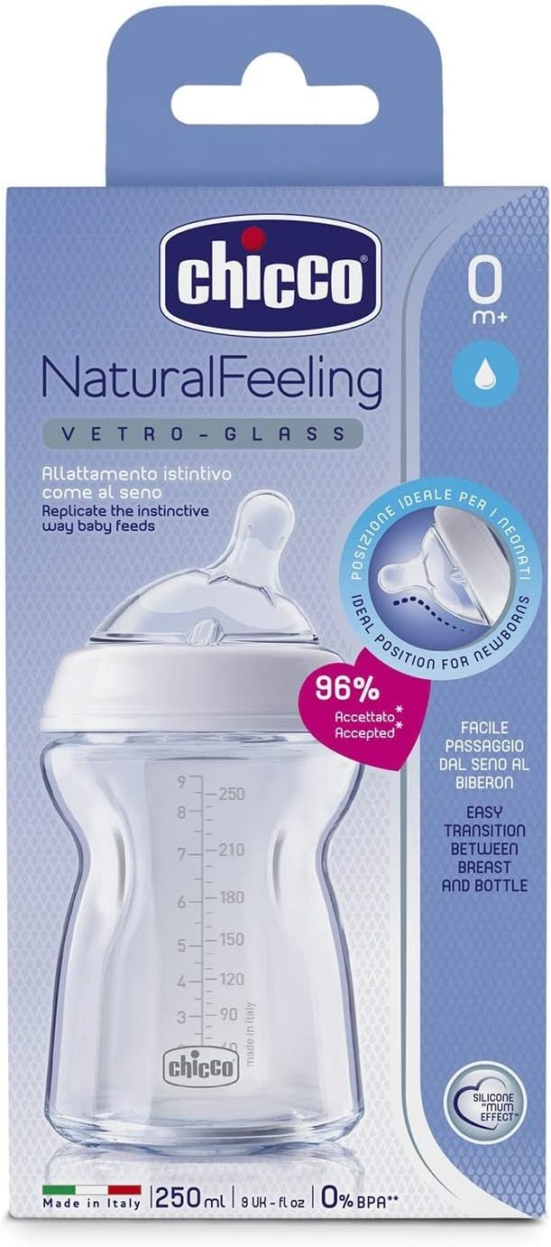 Chicco Feeding Bottle NaturalFeeling GLASS 0M+ 250ML (Chi-00080623000000) - Zubaidas Official™