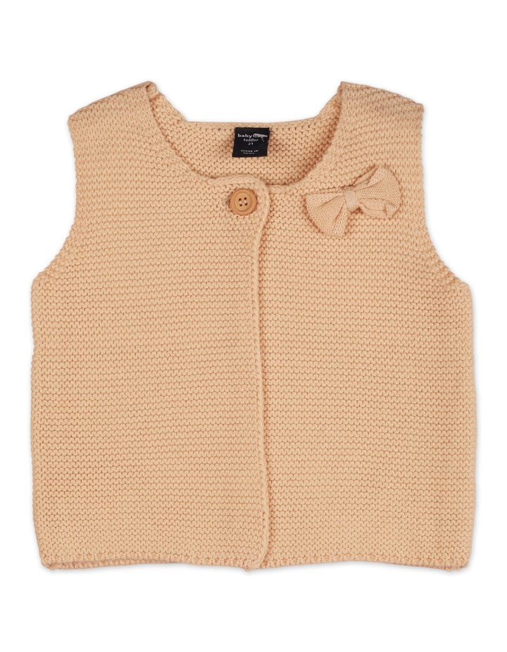 Zubaida's Sweater Sleeveless Single Button Beige Bow