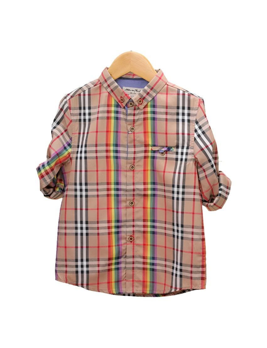 Shirt Peach with Multi Check Print for Boys