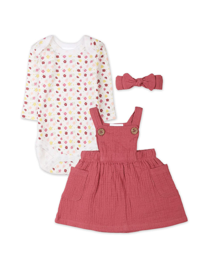 3 Pieces Winter Pinafore Dress Set Bambies Floral Pink at Zubaidas