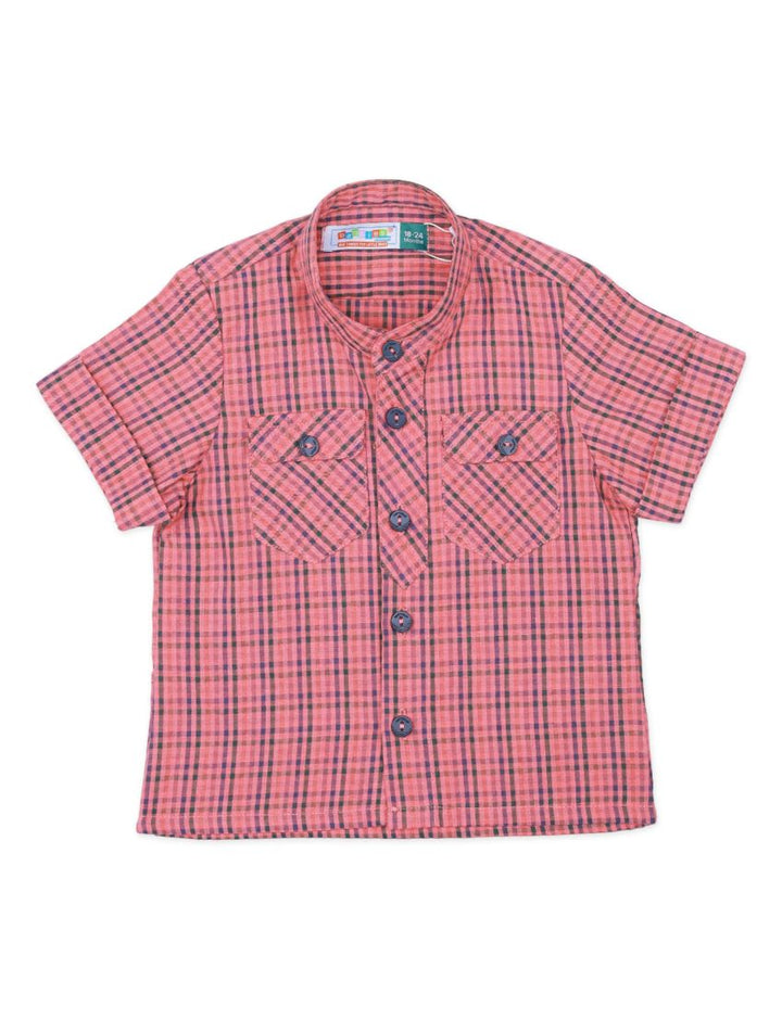 Checkered Double Pocket Shirt For Boys- Toddler - Red & Black