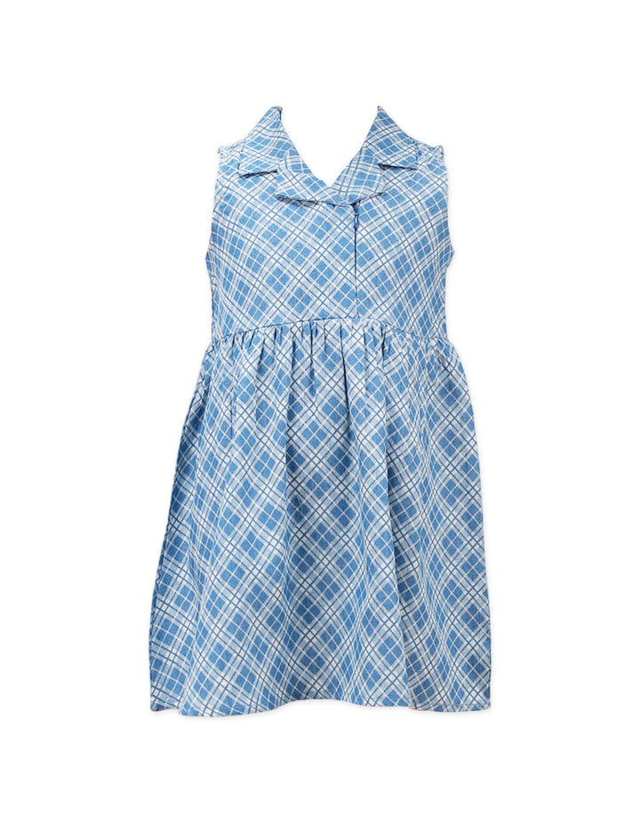 Blue Frock With Collar- Checkered Print