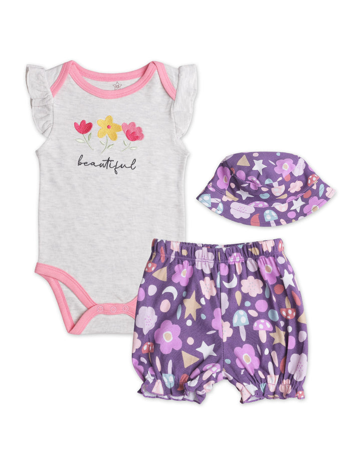Zubaida's Floral 3 Pcs Bodysuit Set with a coordinating Hat - Zubaidas Official™