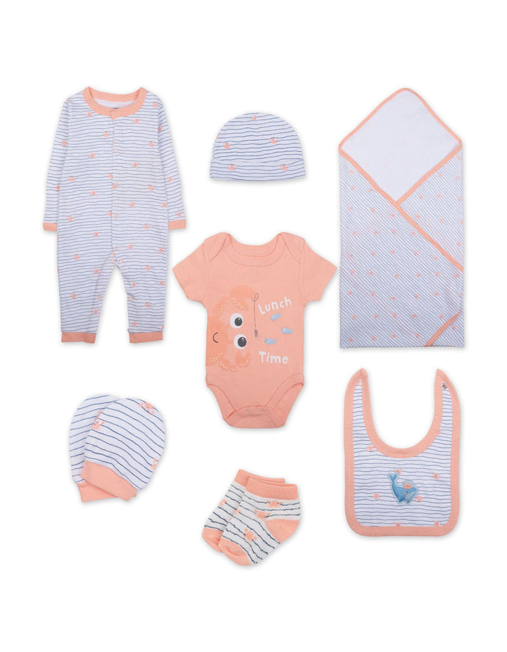 Newborn Clothing Gift Set 7 Pcs Lunch Time Peach and White at Zubaidas