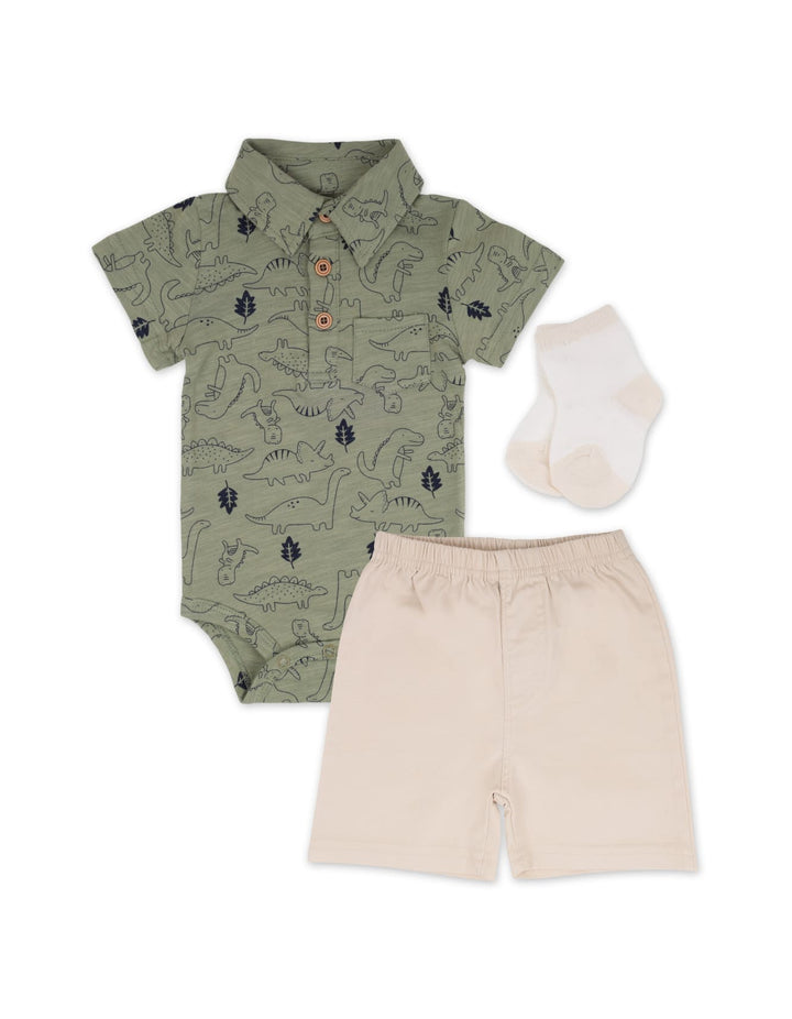Baby Boy Bodysuit with Shorts 3 Pcs Summer Suit Set Dino at Zubaidas