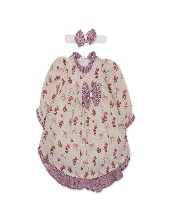Baby Girls Winter Dress Floral and Bow Detailed Pink at Zubaidas
