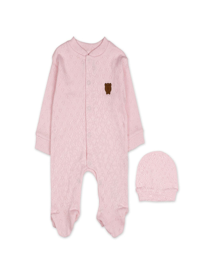 Baby Girl Winter Romper with Cap Bear Pink at Zubaidas