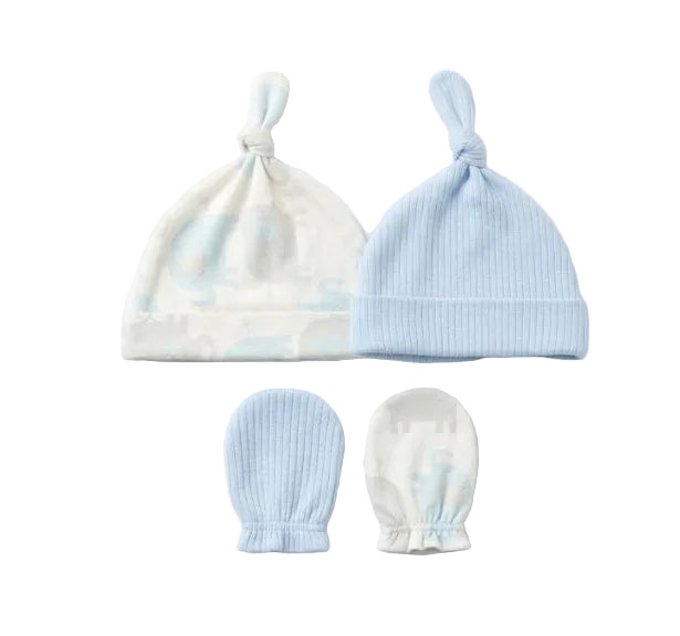 Baby Caps and Mittens 4 Piece Set Elephant White and Mint at Zubaidas