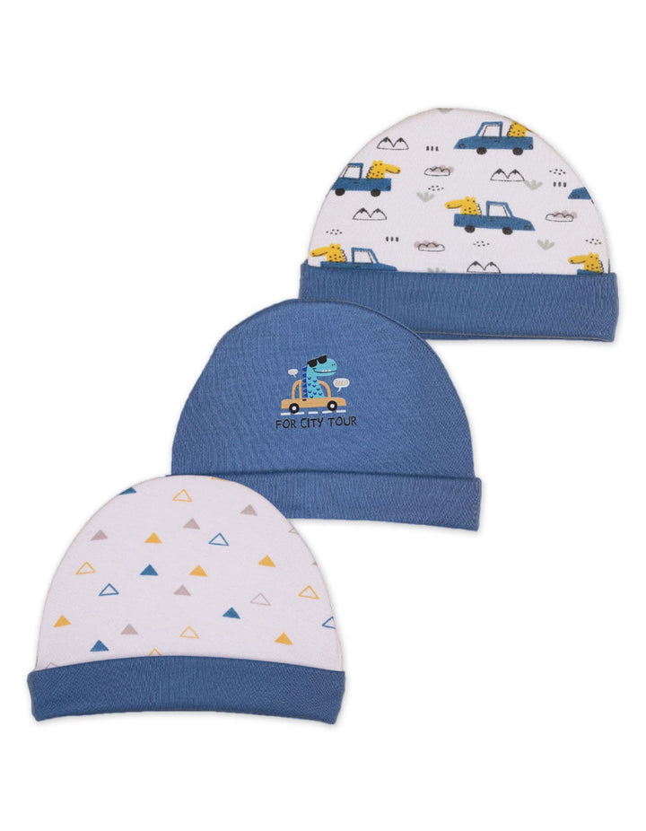 Baby Caps with Dino Adventure Theme for Boys - Pack of 3