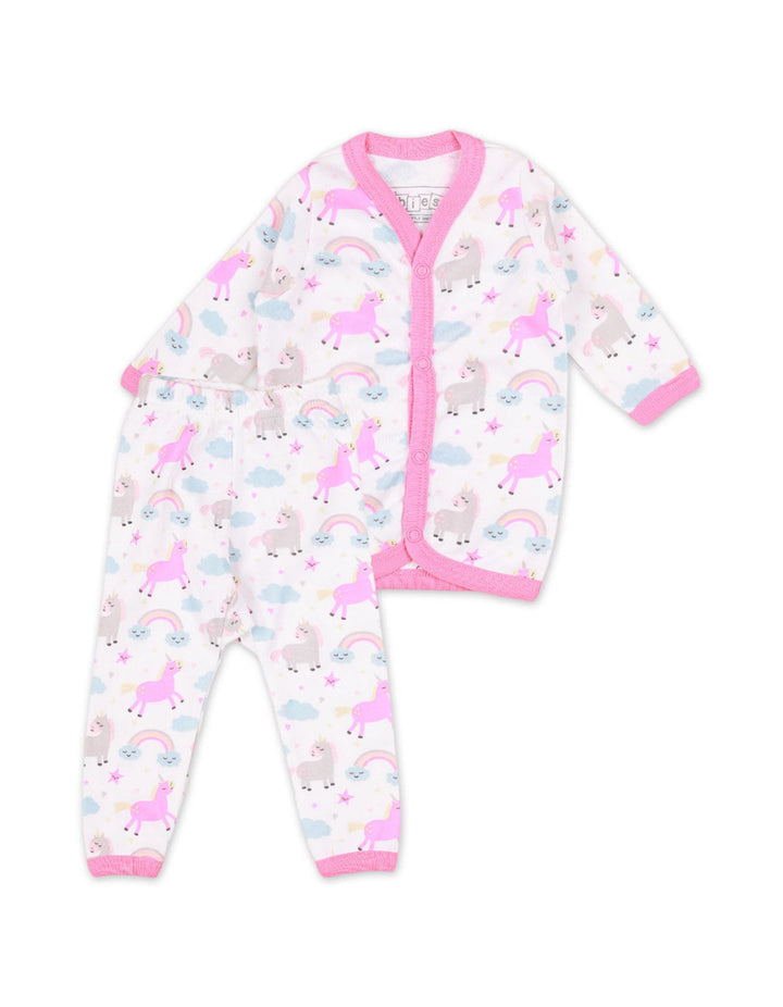 Night Suit Pink & White for Girls - Unicorn