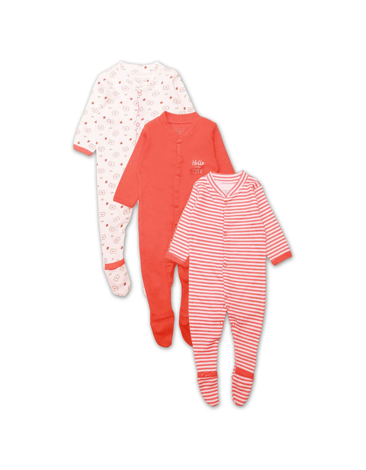 Sleep Suit Set with Orange Teddy Theme - Pack of 3