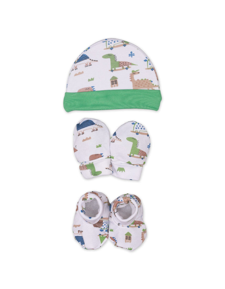 Cap, Mitten & Booties Set Green Dino Theme for Boys