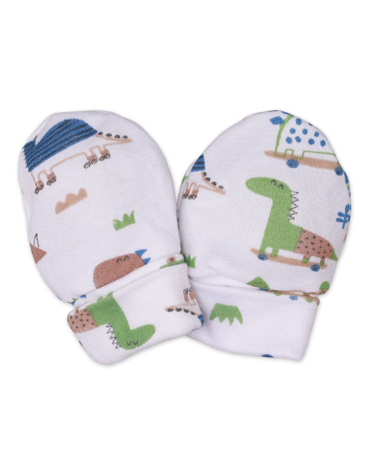 Cap, Mitten & Booties Set Green Dino Theme for Boys