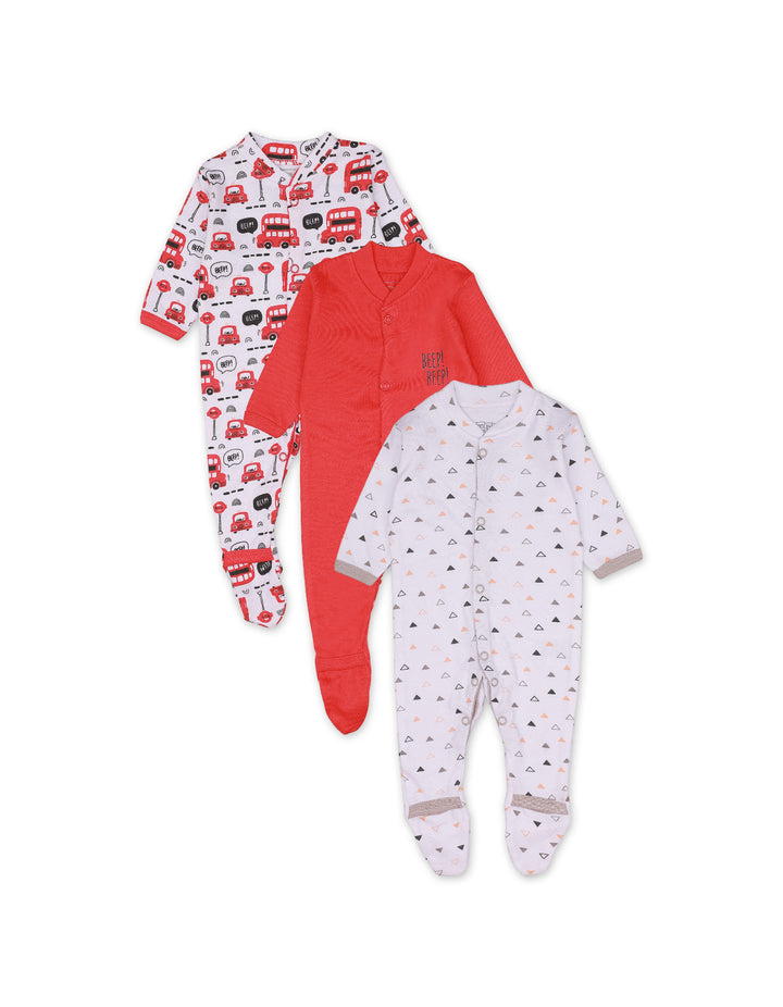 Sleep Suit Set with Red Bus Theme for Boys - Pack of 3