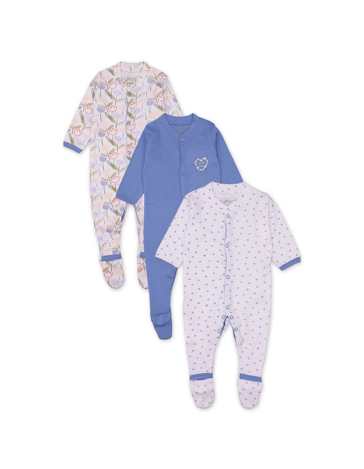 Zubaida's Sleep Suit Set with Flower Lilac Theme for Girls- Pack of 3