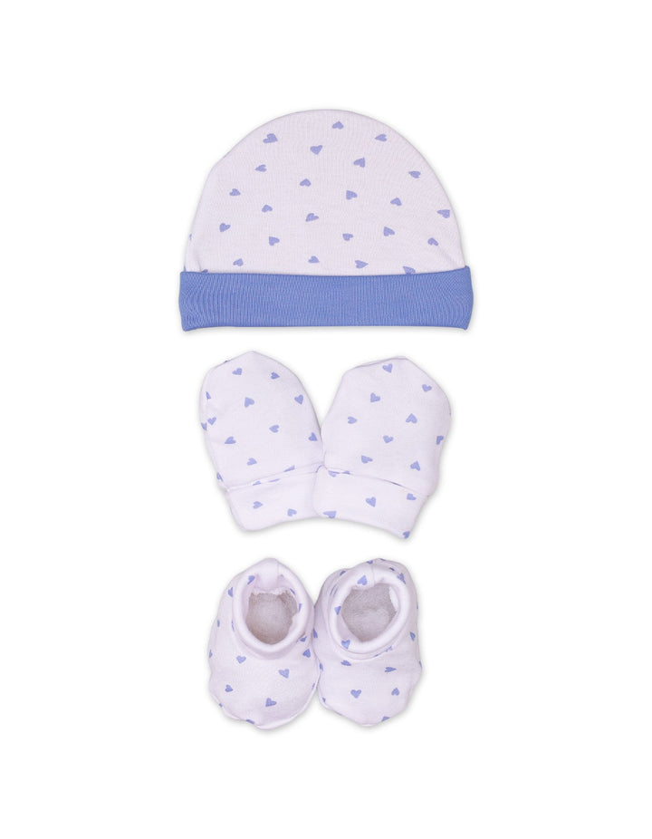 Cap, Mitten & Booties Set Heart Flower Lilac Theme for Girls