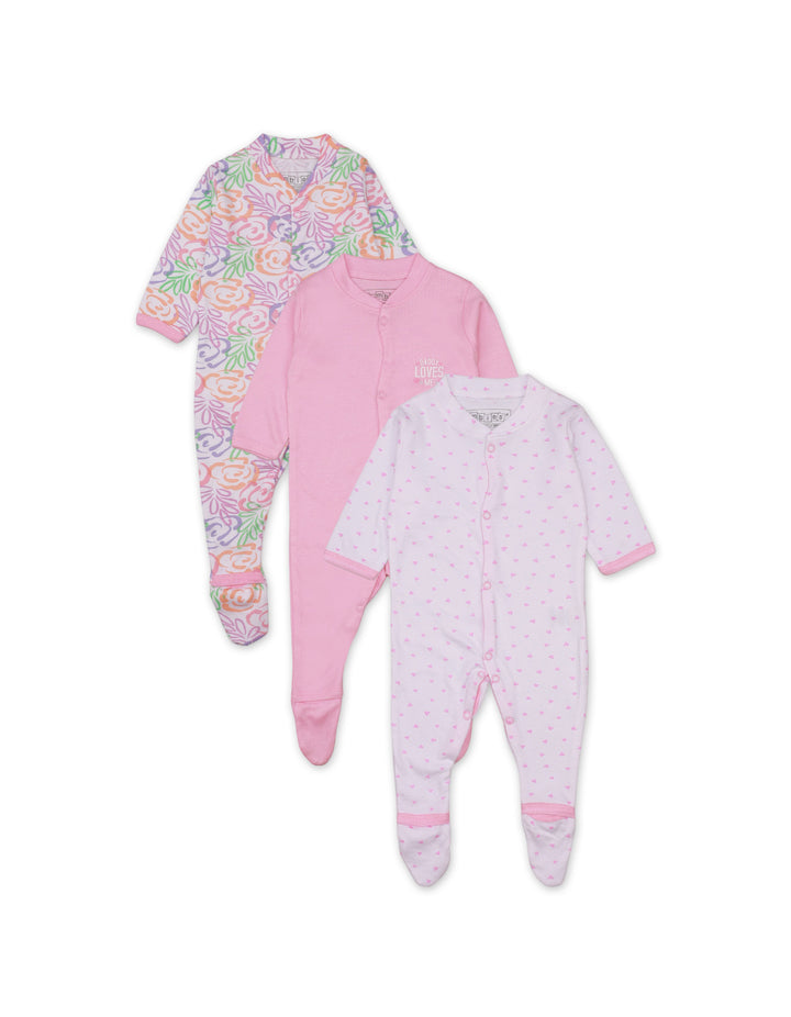 Sleep Suit Set with Floral Theme for Girls- Pack of 3