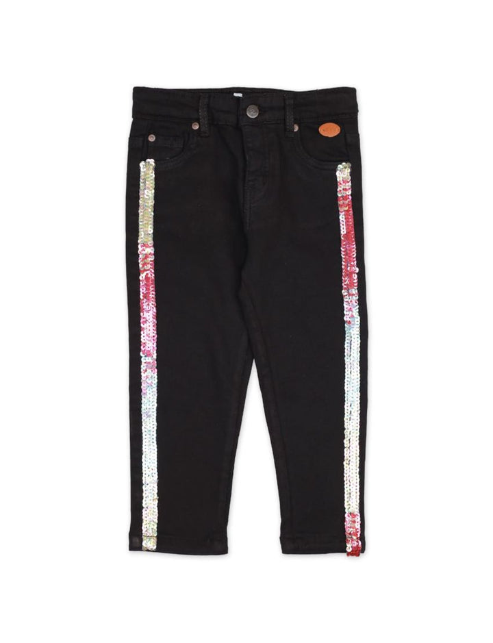 Black Denim Pants with Sequins Stripes for Girls