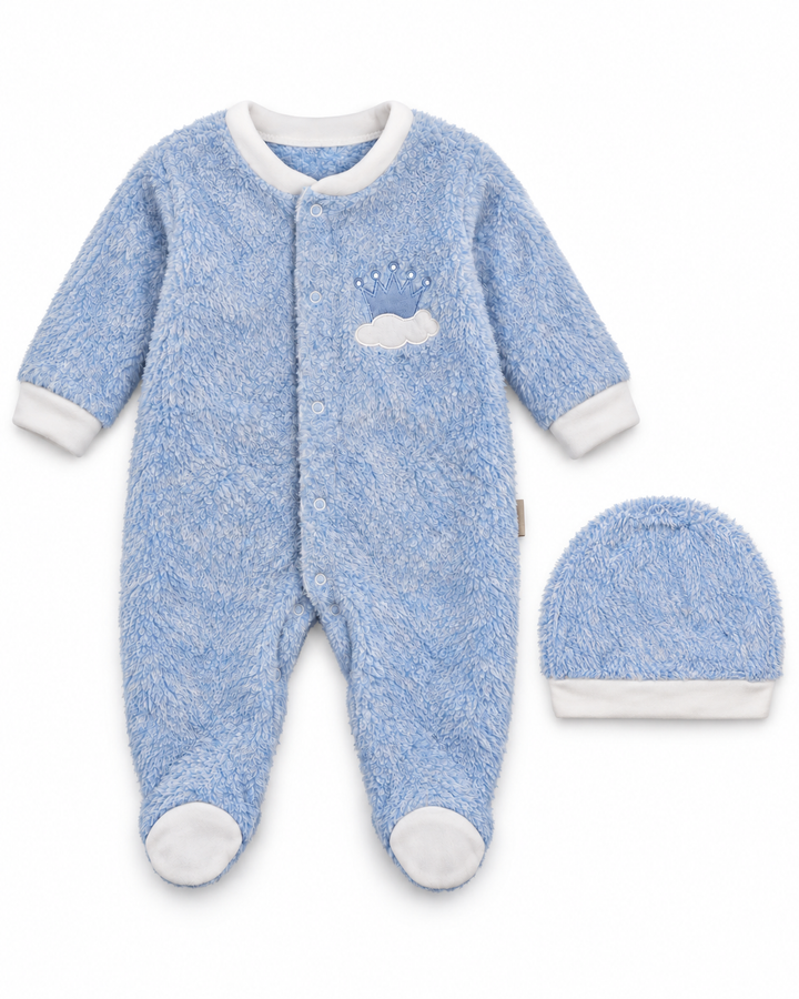 Baby Boy Winter Sleep Suit with Cap Crown and Cloud Blue at Zubaidas