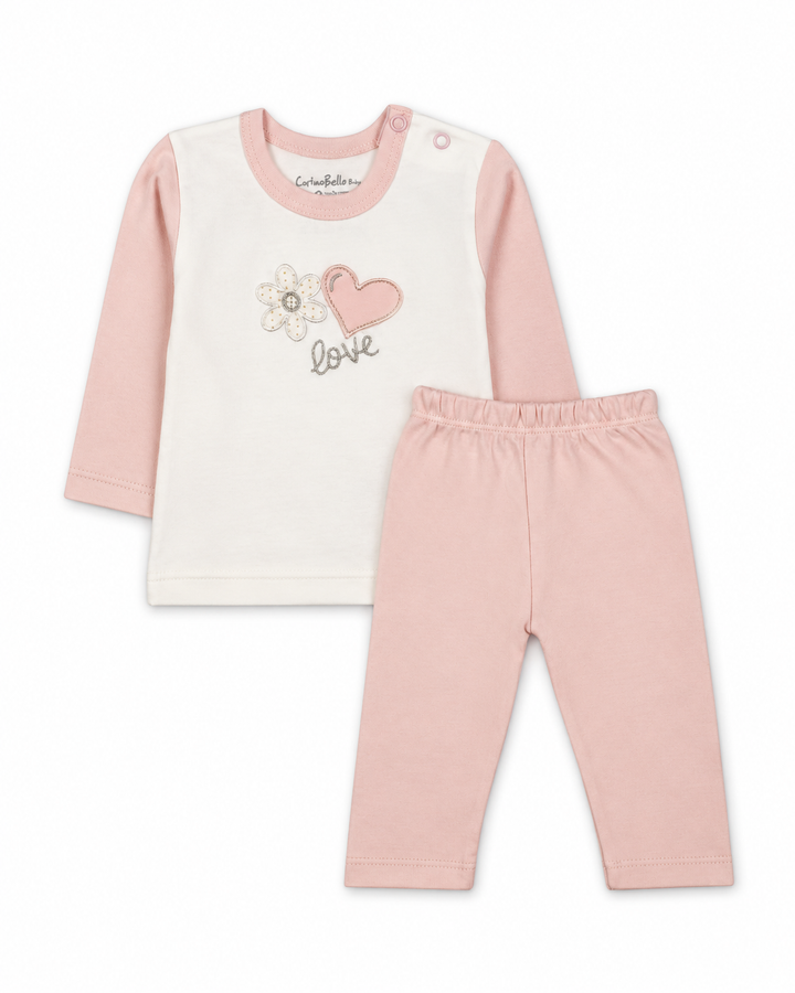 Baby Girls Winter 2 Piece Suit Embroidered Heart and Flower Pink and White at Zubaidas