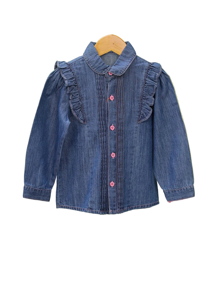 Baby Girls Denim Shirt Bambies Ruffle Shoulder at Zubaidas