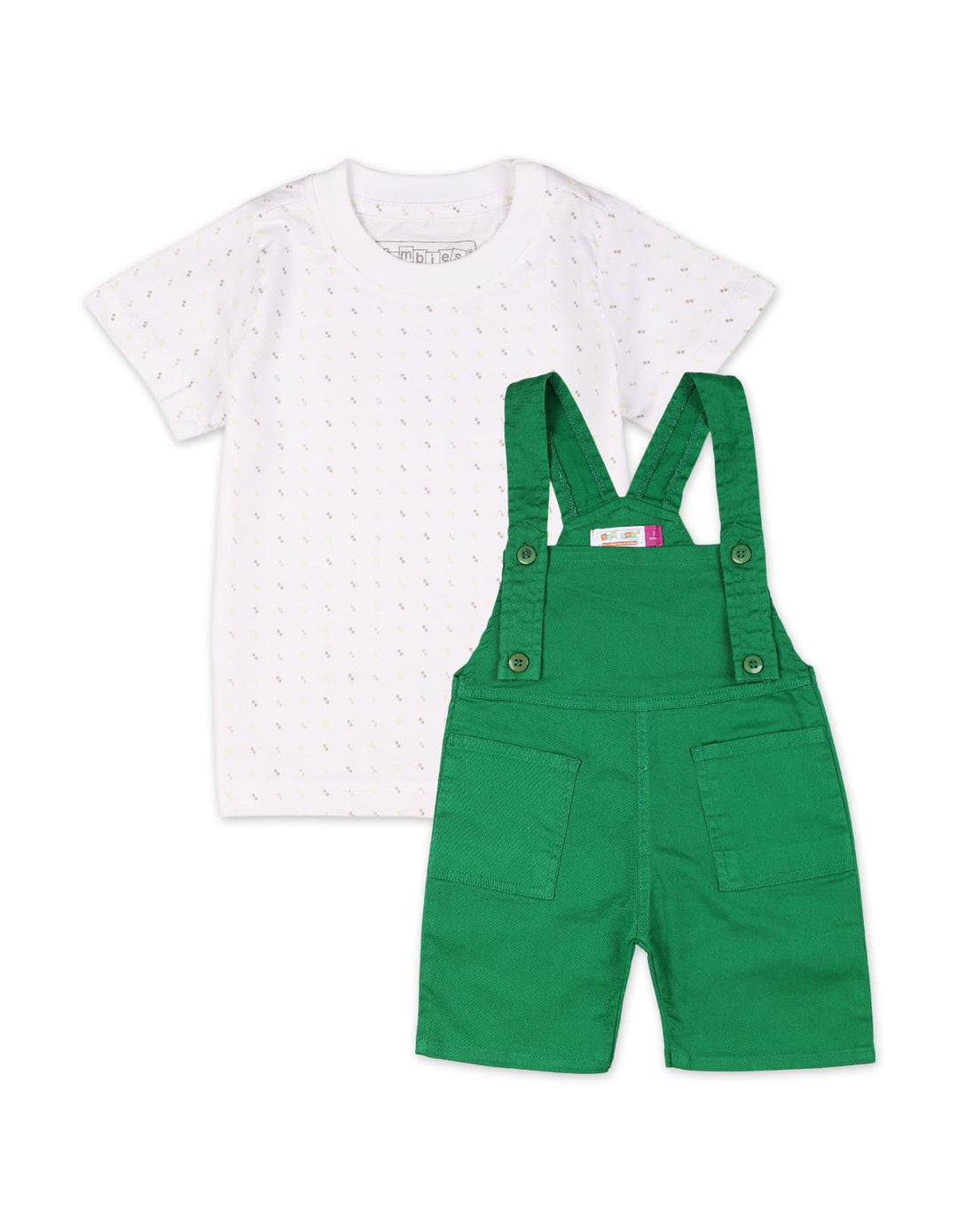 Baby Dungaree Rompers Bambies® Green with White T Shirt at Zubaidas® - Pakistan’s No. 1 and the most trusted baby and kids store for over 50 years. Shop Online. Nationwide Delivery. Best Prices.