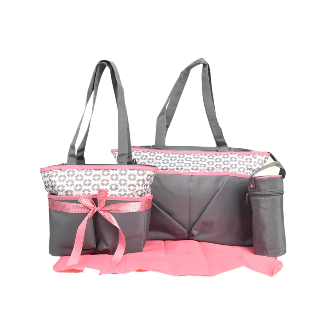Bambies Amber Tote Diaper Bags 5 Pieces Set - Pink & Grey at Zubaidas Official™ Pakistan
