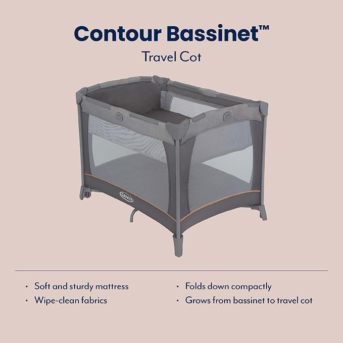 Graco® Contour® Travel Cot with Bassinet Pebble 9E989PBLEU at Zubaidas® - Pakistan’s No. 1 and the most trusted baby and kids store for over 50 years. Shop Online. Nationwide Delivery. Best Prices.
