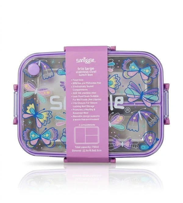 Smiggle Butterfly Trio Large Stainless Steel See Me Bento Lunch Box 750 ML SM262198 at Zubaidas Best Online School Store in Pakistan for over 50 years