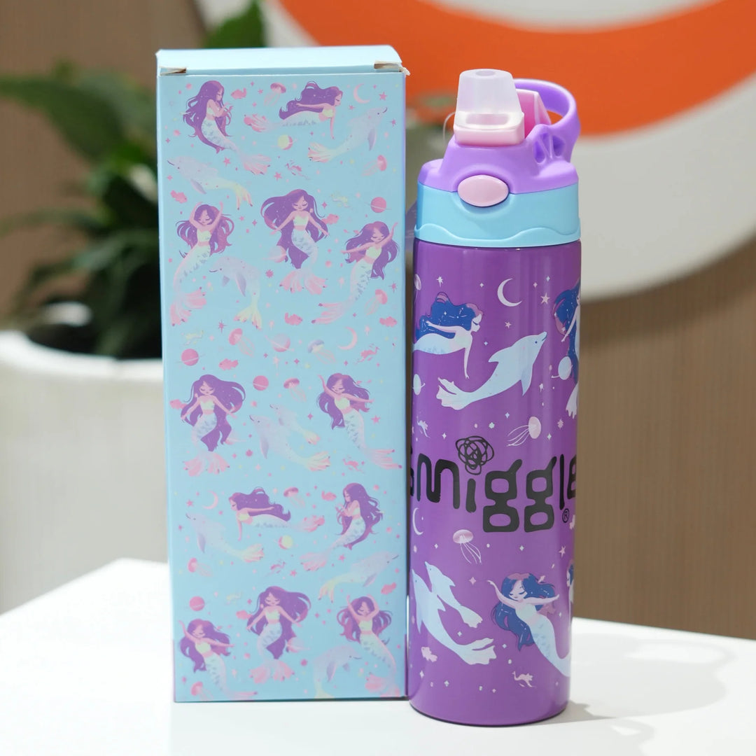Smiggle Disney Mermaid 520 ml Push Button Straw Insulated Metal Water Bottle at Zubaidas Number 1 Online Baby and Kids Store in Pakistan for over 50 years
