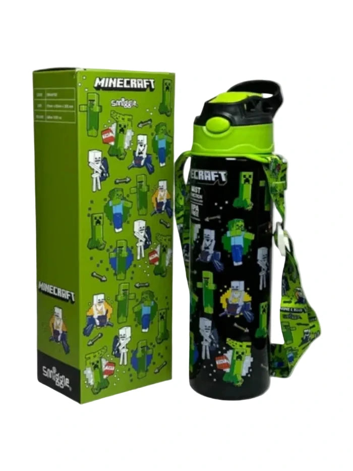 Smiggle Minecraft 680 ml Push Button Straw Plastic Water Bottle BPA Free with Strap at Zubaidas