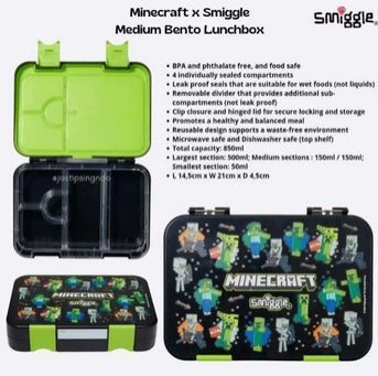 Smiggle Minecraft 4 Compartments Food Safe BPA and Phthalates Free Bento Plastic Medium 758 ml Lunch Box at Zubaidas Online Pakistan