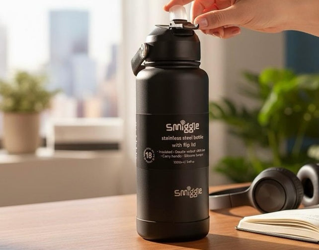 Smiggle Solid Black 1000ml Straw Insulated Stainless Steel Water Bottle SM1000 at Zubaidas Number 1 Online Baby and Kids Store in Pakistan for over 50 years