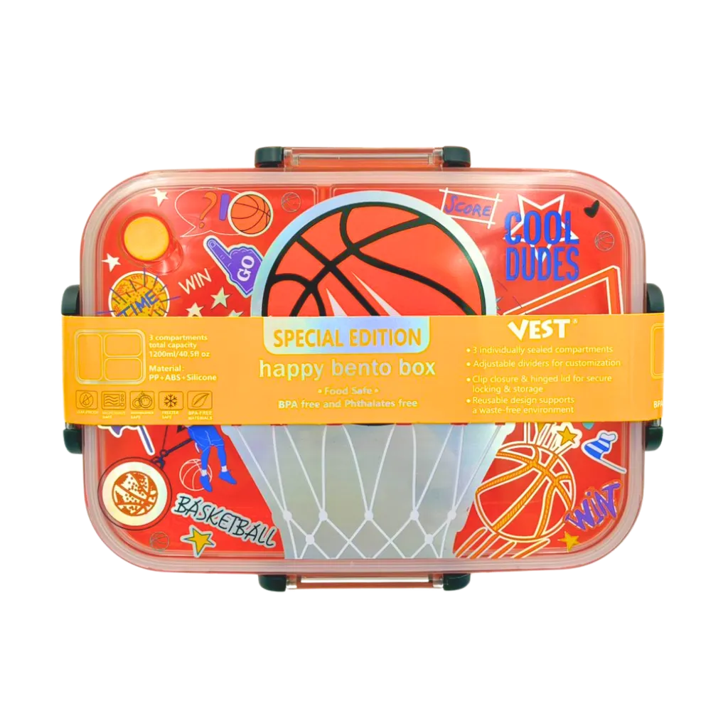 VEST Basketball 3 Compartments Special Edition Happy Bento Box BPA and Phthalates Free 1200 ML School Lunch Box U2135 at Zubaidas
