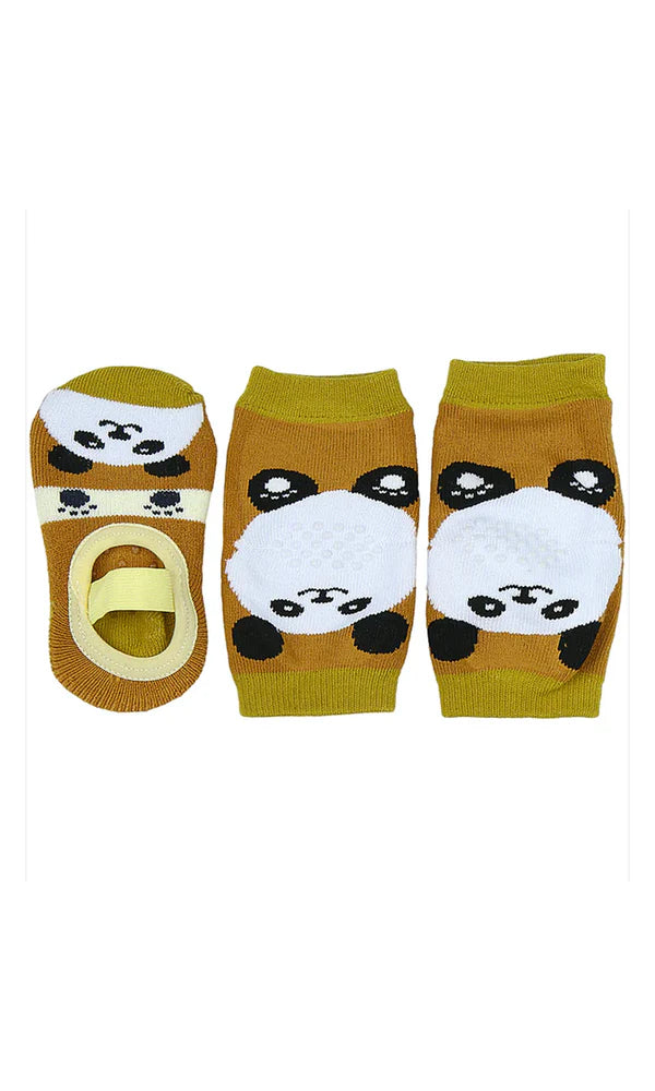 Baby Anti-Slip Knee Pads and Grip Socks Set Mustard Panda at Zubaidas