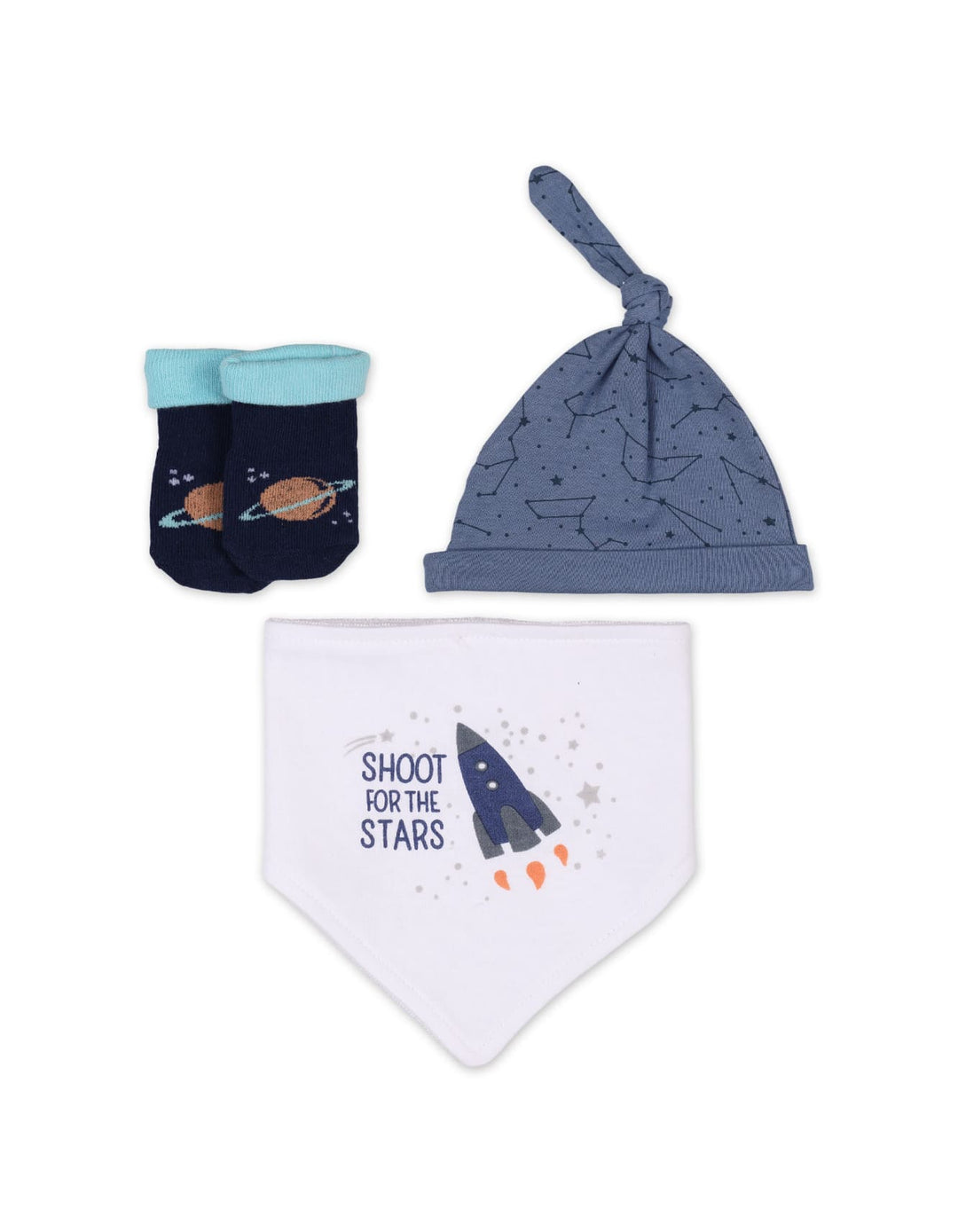 Baby Boy 3 Pcs Cap Bib and Socks Gift Set Space Rocket at Zubaidas