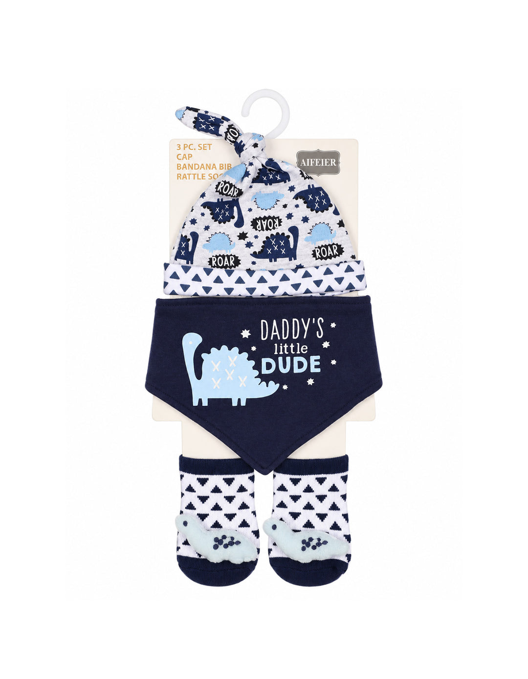 Baby Boy 3 Pcs Cap Bib and Socks Set Dino Print Navy at Zubaidas