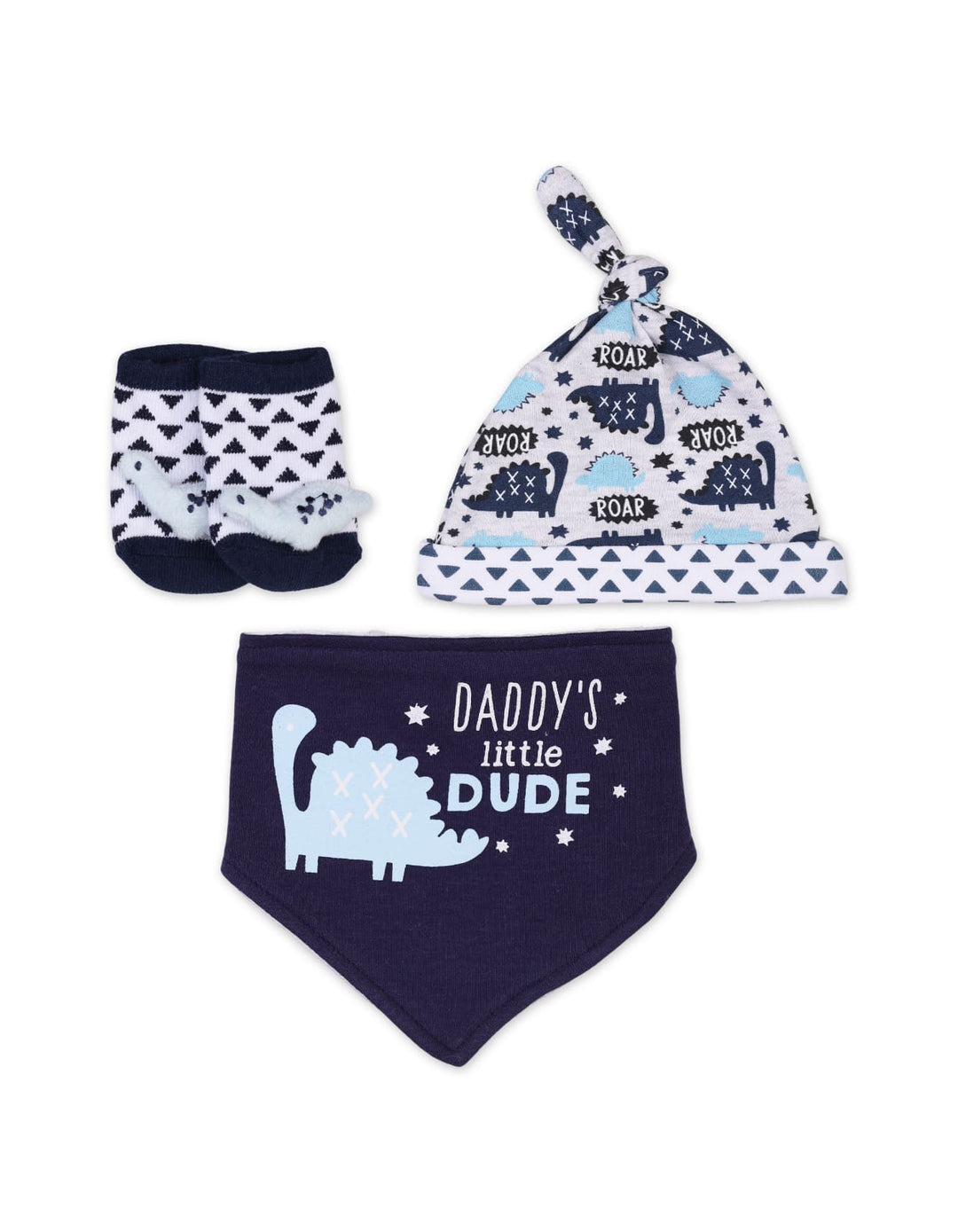 Baby Boy 3 Pcs Cap Bib and Socks Set Dino Print Navy at Zubaidas