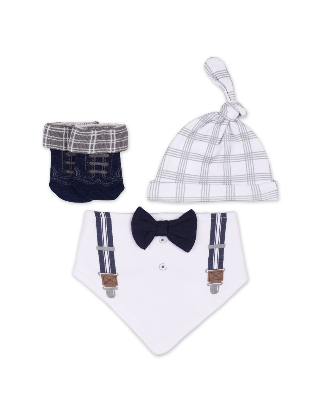 Baby Boy 3 Pcs Cap Bib and Socks Set Suspender Print White at Zubaidas
