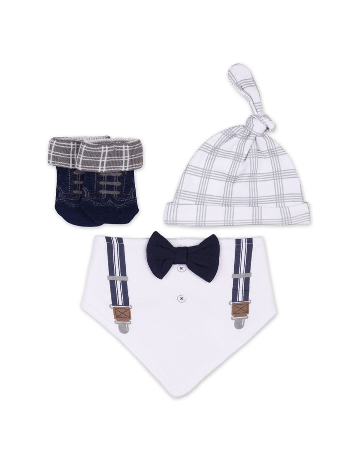 Baby Boy 3 Pcs Cap Bib and Socks Set Suspender Print White at Zubaidas
