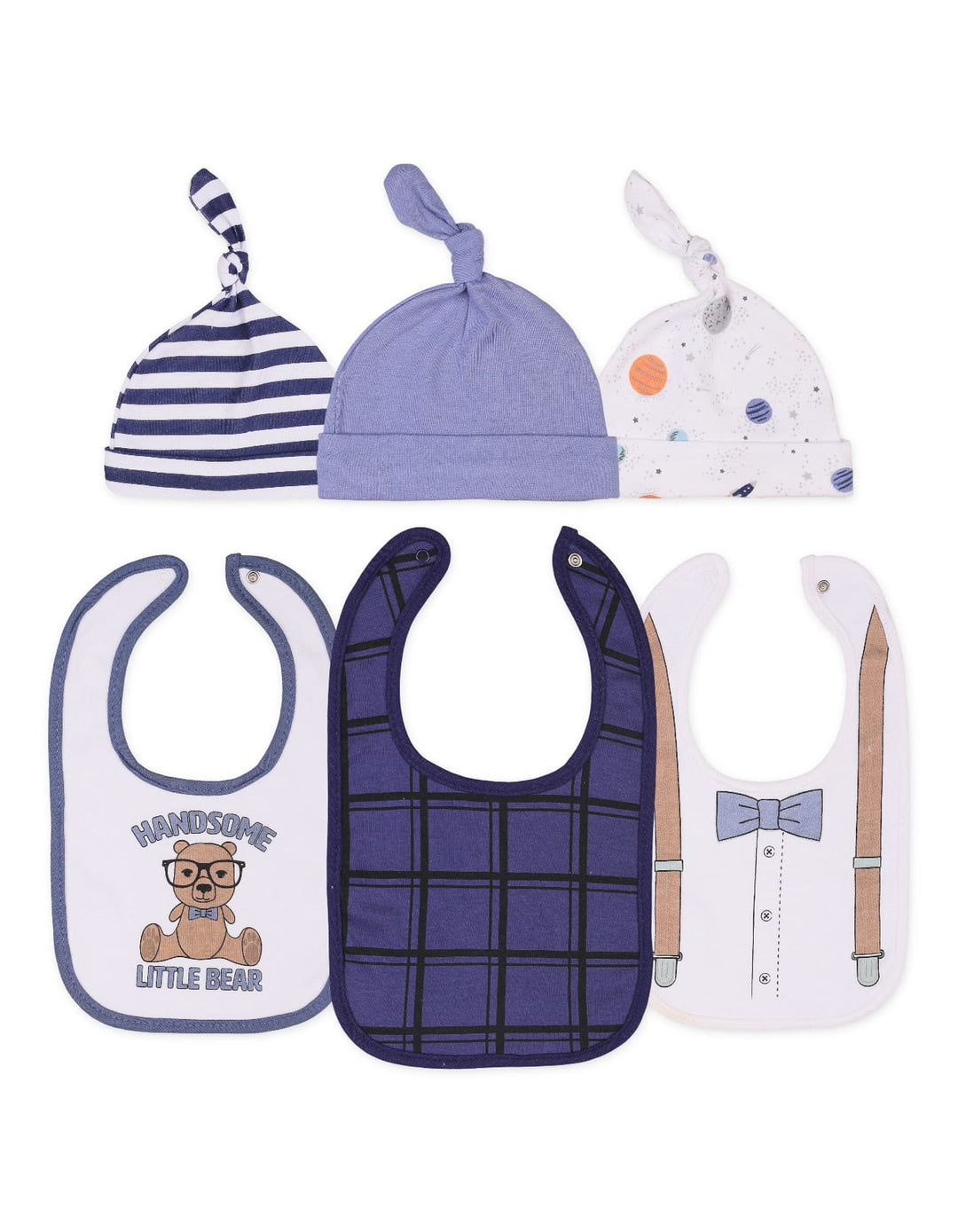 Baby Boy 6 Pcs Bibs and Knotted Caps Set Handsome Little Bear at Zubaidas