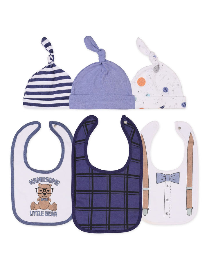 Baby Boy 6 Pcs Bibs and Knotted Caps Set Handsome Little Bear at Zubaidas