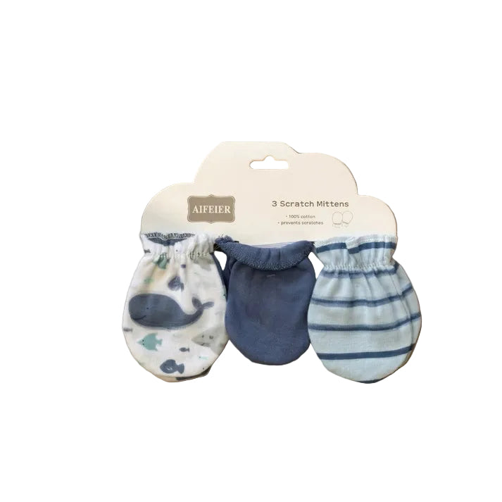 Baby Boy Anti-Scratch Mittens Pack of 3 Blue Sea Life at Zubaidas