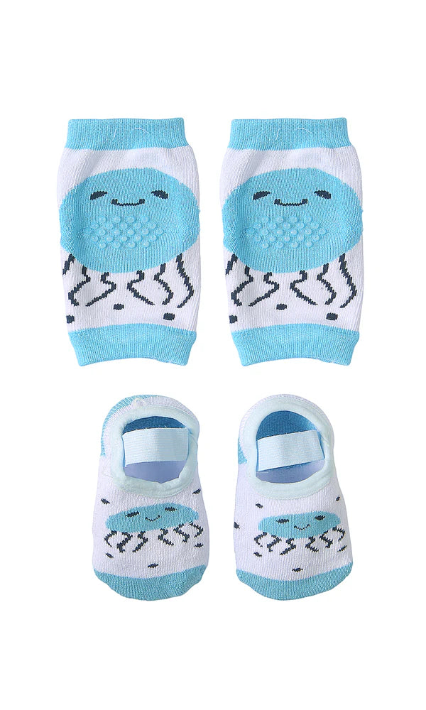 Baby Boy Anti-Slip Knee Pads and Grip Socks Set Blue Jellyfish at Zubaidas