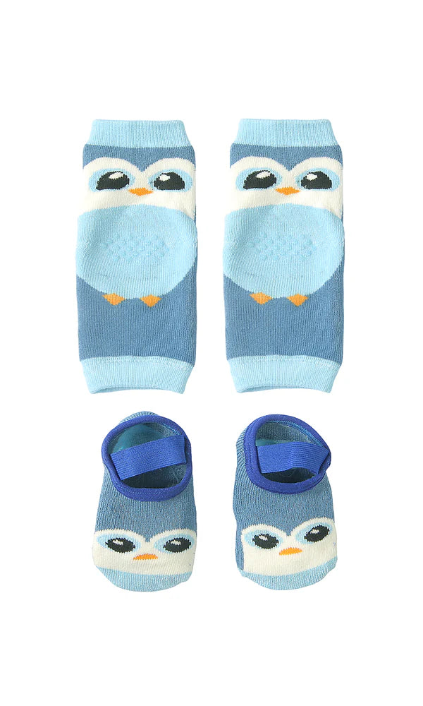 Baby Boy Anti-Slip Knee Pads and Grip Socks Set Greyish Blue Owl at Zubaidas