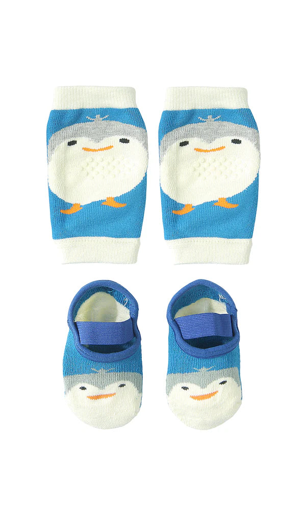 Baby Boy Anti-Slip Knee Pads and Grip Socks Set Penguin Blue at Zubaidas