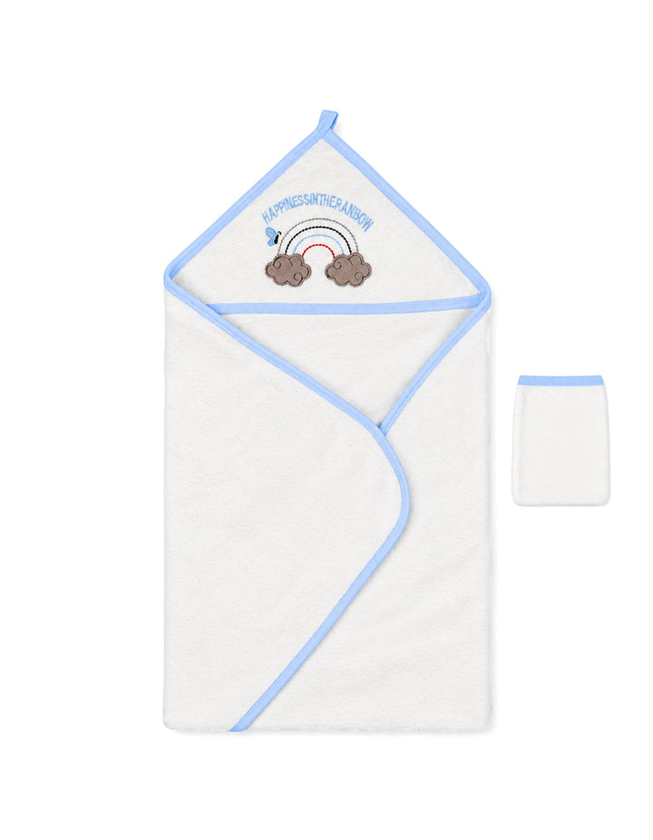 Baby Boy Bath Towel Hooded Rainbow White and Blue at Zubaidas