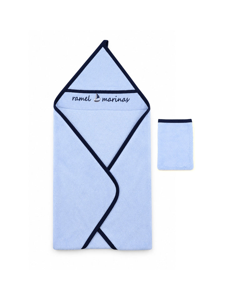 Baby Boy Bath Towel Hooded Sailboat Light Blue and Navy at Zubaidas