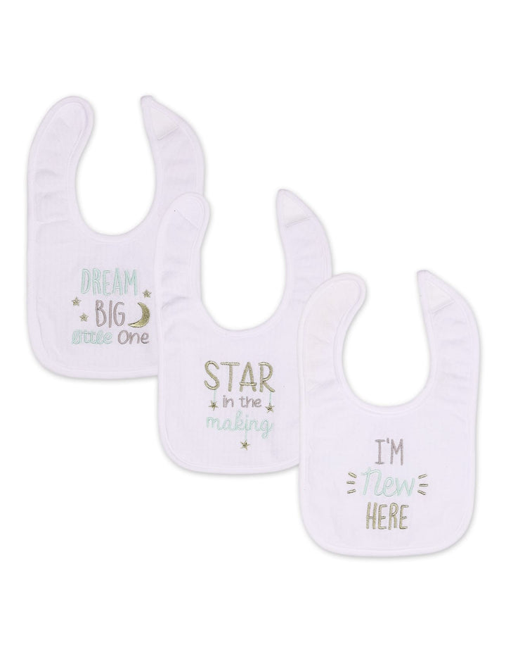 Baby Boy Bib Pack of 3 White with Blue and Gold Accents at Zubaidas