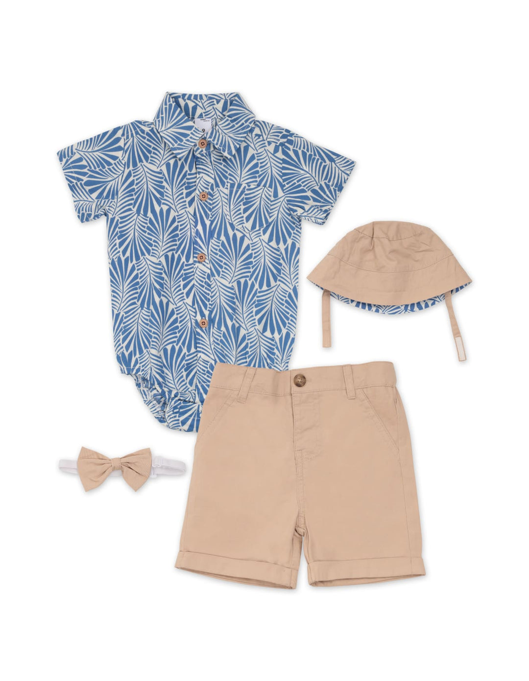 Baby Boy Bodysuit with Shorts Bowtie and Hat 4 Pcs Set Leaf Print at Zubaidas
